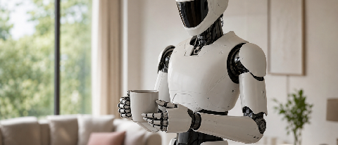 A humanoid robot carefully holding a ceramic cup in a realistic home setting