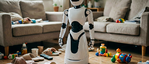 A cluttered living room floor with household items, contrasting with a sleek but stationary humanoid robot standing nearby, illustrating the difficulty of navig