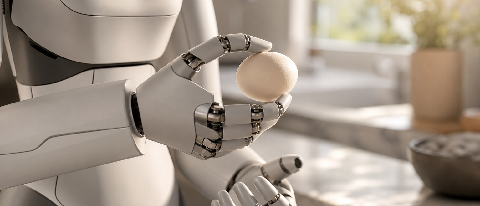 A sleek humanoid robotic hand gently holding a white egg in a sunlit modern kitchen.