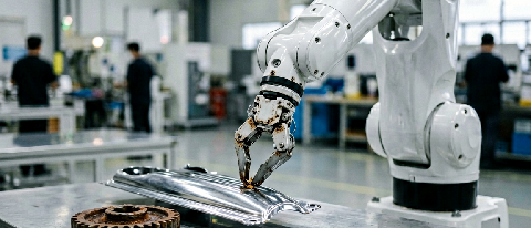 Humanoid robot inspecting a car part with a worn gear nearby on a factory workbench