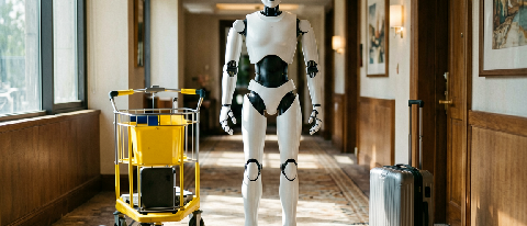 A humanoid robot struggling to navigate a cluttered hotel corridor