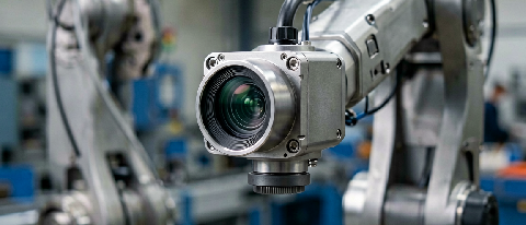 A close-up of an industrial sensor on a production line with blurred background elements suggesting complexity and data fragmentation.