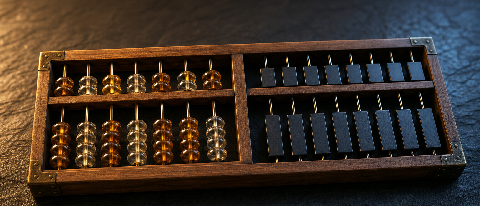 An abacus with glass beads on one side and black GPU-like chips on the other, photographed as an editorial still life under moody lighting.
