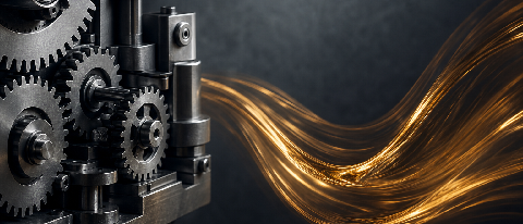 A split composition showing a rigid mechanical gear system on one side and a fluid, organic light form on the other, representing the transition from fixed work