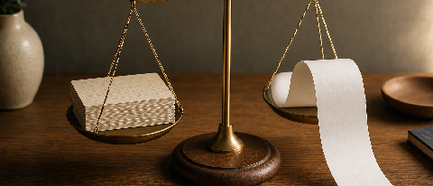 A minimalist desk scene featuring a balanced scale with abstract geometric blocks representing different technical capabilities, set against a clean, profession