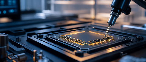 A futuristic AI chip being calibrated with a precision tool on a technical workbench.