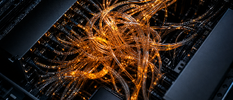 Abstract visualization of server rack heat and data flow bottlenecks