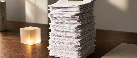 Editorial still life of stacked blank receipts balanced against a single glowing open-source model weight, symbolizing total cost accounting across Mistral, Lla
