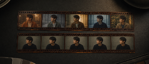 Two adjacent film strips on a dark studio desk, one with a single drifting portrait, the other with a stable character across multiple frames.
