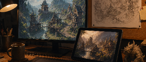 A game artist's desk with a monitor showing a moody fantasy village concept, a tablet displaying a video-style preview frame, and a printed level-design sketch 