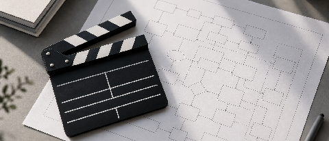 A stylized editorial still life showing a film clapperboard resting on a blueprint or flowchart, symbolizing the transition from raw generation to controlled pr