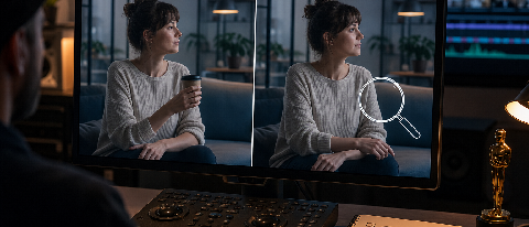 A split-screen comparison showing a seamless AI-generated video frame on the left and the same frame with a visual continuity error on the right, highlighting t