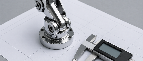 A precision robotic component on a technical blueprint with a measuring tool.