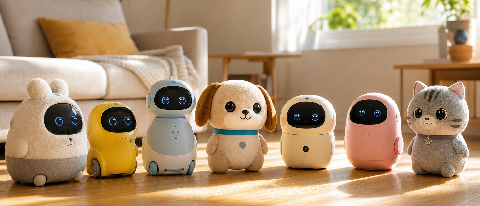 Seven diverse, colorful AI robot toys neatly arranged on a warm wooden floor, illuminated by bright summer window light.