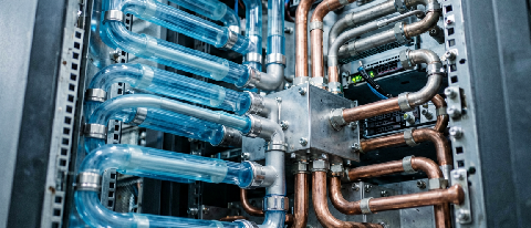 Close-up of intricate liquid cooling pipes in a modern data center