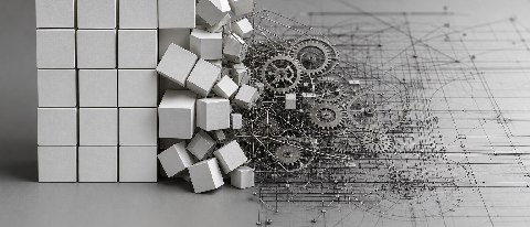 A minimalist architectural model showing a transition from simple blocks to a complex, interconnected structure