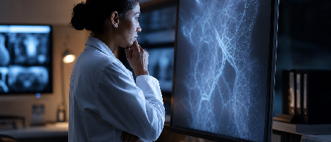 A radiologist reviewing medical imaging on a monitor in a modern hospital setting