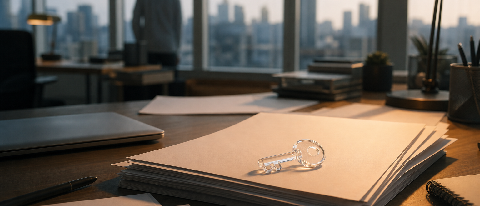 Office desk with documents and a symbolic glass key representing AI data access and control.
