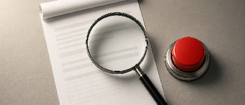 A stack of business documents with a magnifying glass and a red stop button, symbolizing AI review and human override.