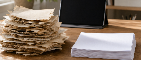 Two piles of papers on a desk: a large messy stack being sorted into a smaller neat stack, representing FAQ cleanup from 3400 to 2600 items.