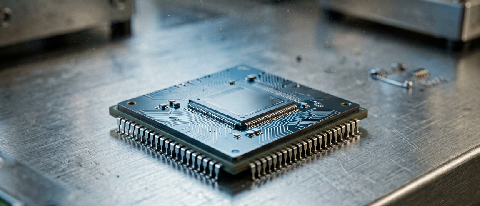A close-up editorial shot of a sleek, minimalist industrial processor chip resting on a textured metal workbench, illuminated by cool blue light against a warm 