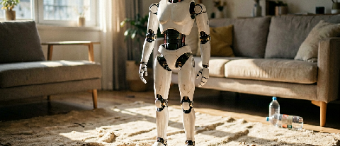 Humanoid robot balancing on a wrinkled carpet in a sunlit living room