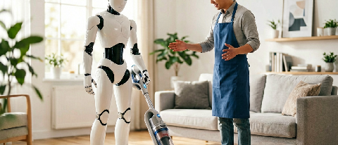 A humanoid robot assisting a cleaner in a tidy living room
