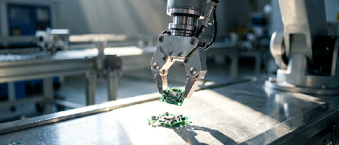 Robotic arm gripping a small circuit board on a 3C assembly line under mixed lighting.