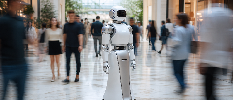 A sleek humanoid robot standing calmly amidst blurred shoppers in a modern mall atrium