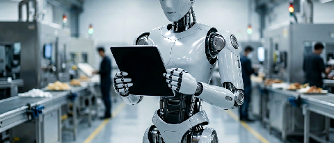 A humanoid robot performing quality inspection on an assembly line with subtle signs of mechanical wear