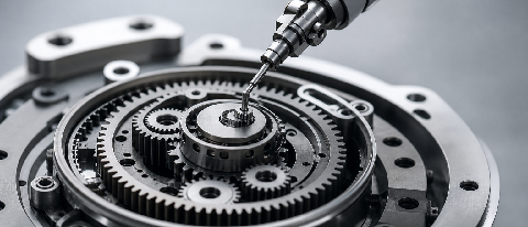 A macro shot of a mechanical gear being adjusted by a robotic arm, symbolizing automated system tuning.