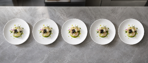 Five identical plates of a gourmet dish arranged in a row on a professional kitchen counter for comparison.