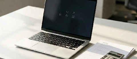 A modern office desk with a laptop displaying a blank screen, next to organized documents and a calculator, symbolizing the application process for tech subsidi