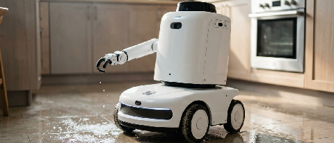 A service robot stabilizing itself after slipping on a wet kitchen floor, illustrating embodied AI's physical reasoning capabilities.