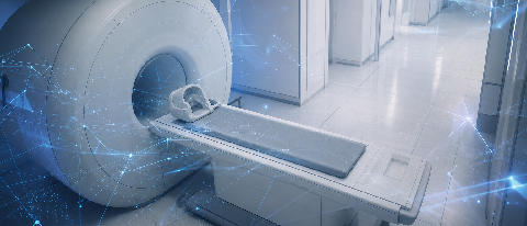 A modern hospital corridor blending digital data streams with clinical equipment