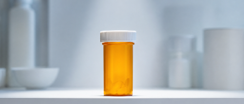 A close-up editorial shot of a modern pharmacy shelf with a single rare medication bottle highlighted by focused lighting, symbolizing precise identification.