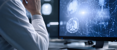 A split-screen composition showing a doctor's hand holding a pen next to a digital interface highlighting medical data, symbolizing collaborative diagnosis.