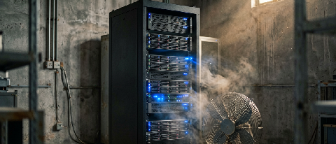 A high-tech server rack in a raw industrial factory room with a cooling fan.