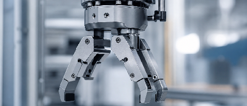 A close-up editorial shot of a high-tech industrial sensor or robotic arm component in a modern factory setting, symbolizing precise AI-driven automation.