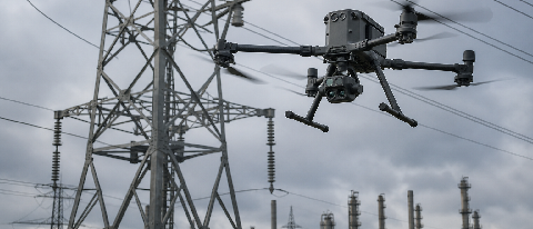 A drone hovering over high-voltage power lines against an industrial backdrop