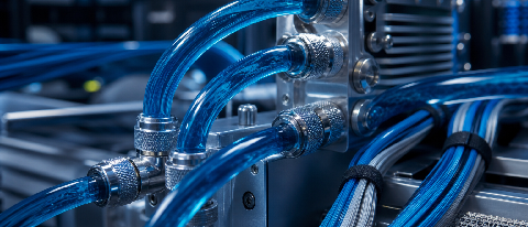 Close-up of high-tech server rack with liquid cooling tubes and fiber optics