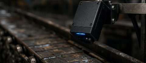 A modern AI vision sensor mounted above a rusty, decades-old industrial conveyor belt, symbolizing the clash between new AI and legacy factory infrastructure.