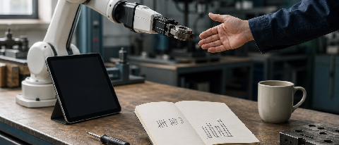 A factory workbench where a small robotic arm passes a component to a human hand, with a tablet showing a blank screen nearby, under cool industrial light.