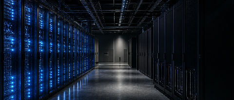 Dark data center with one row of servers lit and active, adjacent rows dark and empty