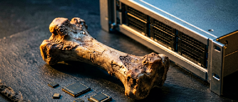 Editorial still life of a bone beside AI server components, symbolizing the hard challenges of AI implementation