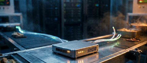 Editorial still life of a glowing edge computing module on a factory floor, with a faint cloud silhouette in the background, symbolizing the shift of AI compute