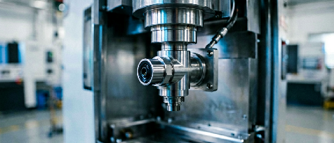 A close-up editorial shot of an industrial machine's vibration sensor and control panel in a factory setting
