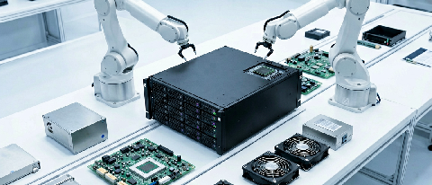 Modern server assembly line with robotic arms and modular components