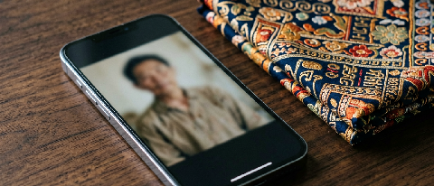 A close-up of a smartphone screen displaying an AI-generated video frame being reviewed by a hand holding a traditional Indonesian batik cloth, symbolizing cult