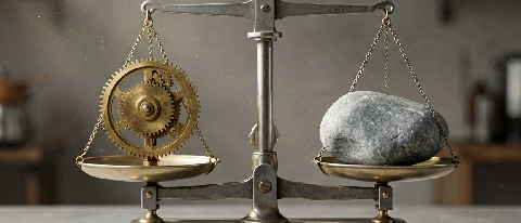 A macro editorial shot of a precision mechanical scale balancing a small, intricate gear mechanism against a smooth stone, symbolizing the trade-off between com